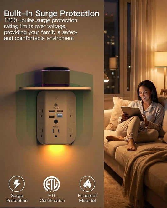 Mifaso PD20W Outlet Extender with Shelf & Night Light, Surge Protector | 5 AC Outlets, 3 USB-A, 1 USB-C, 3-Sided Wide-Space, Multi-Plug Outlet Splitter, 1800J, Ideal for Office, Dorm, RV, Travel