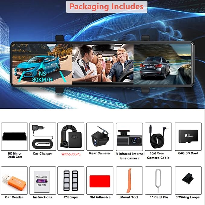 3 Channel Mirror Dash Cam, Aprilboy 12" Triple Rear View Mirror with Front 4K, Inside and Rear 1080P Cameras with 5.8GHz WiFi, G-Sensor, Night Vision, Reverse Assist, Parking Monitoring