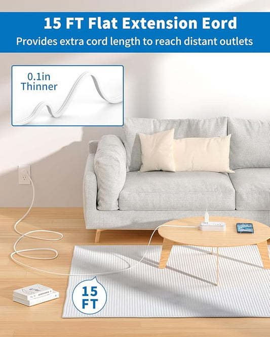 Flat Extension Cord 15 ft, NTONPOWER Surge Protector Power Strip with 6 Widely Outlets 4 USB Ports(2 USB C), Flat Plug, Wall Mounted, Side Outlet Extender for Indoor, Home Office, Dorm Room Essentials