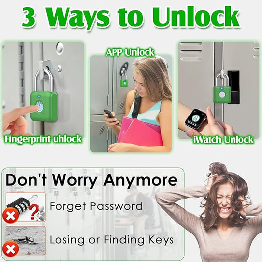 Pothunder Fingerprint Padlock, Smart Padlock, Locker Lock, Combination Lock, Fingerprint Lock with APP Unlock, USB Rechargeable, Suitable for Gym Locker, Locker(Avocado Green)
