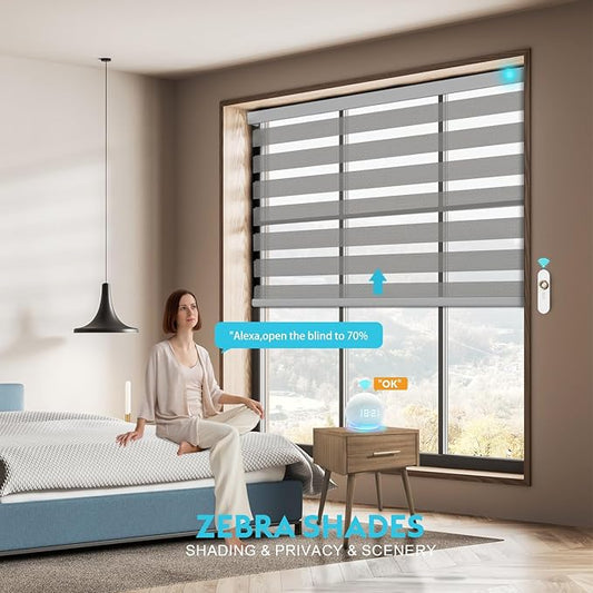 Motorized Zebra Blinds with Remote, Work with HomeKit Alexa, Smart Light Filtering Horizontal Automatic Electric Window Shades for Home Office Customsize(50% Blackout Drumbeat Grey)