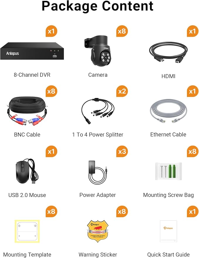 Anlapus 4K 8CH Security DVR Camera System, 8 X 8MP Pan Tilt Camera, 1TB HDD