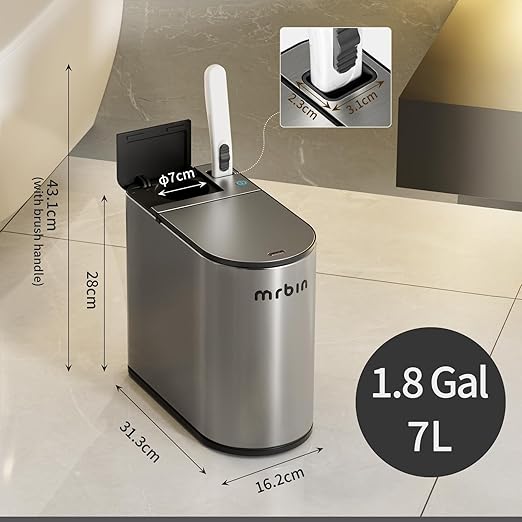 MRBIN Motion Sensor Bathroom Trash Can and Disposable Toilet Brush Holder Set, 1.8 Gallon Slim Stainless Steel Small Garbage Pail, Toilet Smart Waste Basket with Lid and Odor Filter, Eclipse Grey