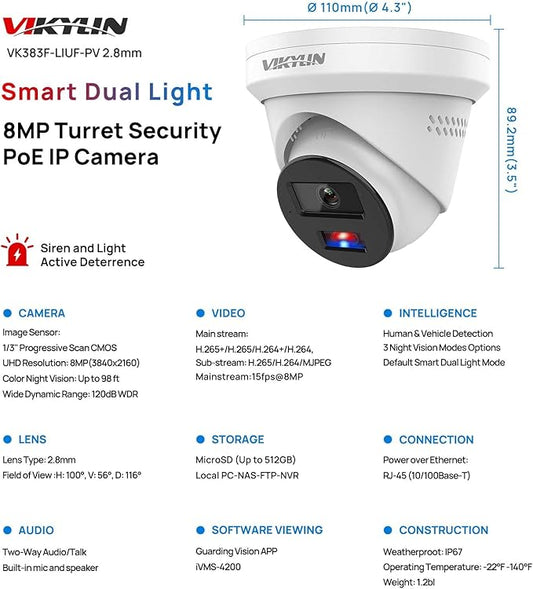 VIKYLIN 4K 8MP PoE IP Camera with Red & Blue Strobe Flash Light and Audio Alarm, Active Deterrent Security Camera with Smart Hybrid Light Color Night Vision, Two-way Audio, 2.8mm Lens Wide Angle, IP67
