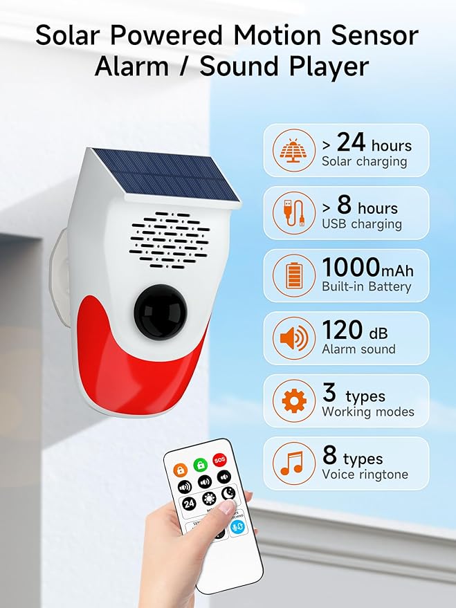 PILSAMAS Solar Motion Sensor Alarm with Custom Voice Upload - 120dB Loud Noise Maker & Strobe Lights, Remote Control, IP65 Waterproof for Deer/Bear Deterrent, Chicken Coop Security, Pool Safety Alerts