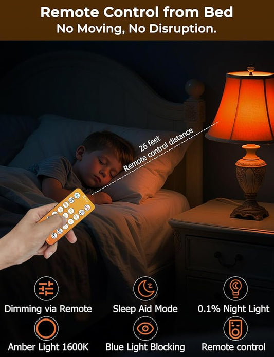 Sleep Light Bulbs Amber 1600K with Remote Control, E26 Blue Light Blocking A19, 9W for Sleep Therapy, Baby Nursery, Bedroom (6 Pack)