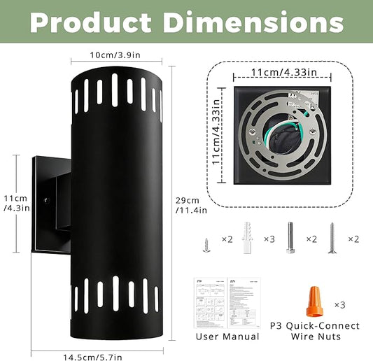 Modern Outdoor Wall Lights 2 Packs, 12'' Up and Down LED Cylinder Wall Mount Fixture, 23W 3000K Warm White IP65 Waterproof Exterior Wall Sconces for Porch, House, Garage, Patio, Black