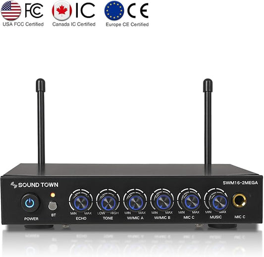 Sound Town 100 Channels Wireless Microphone Karaoke Mixer System with 2 Metal Handheld Microphones, Optical (Toslink), AUX, for Smart TV, Home Theater, Sound Bar (SWM16-2MEGA)