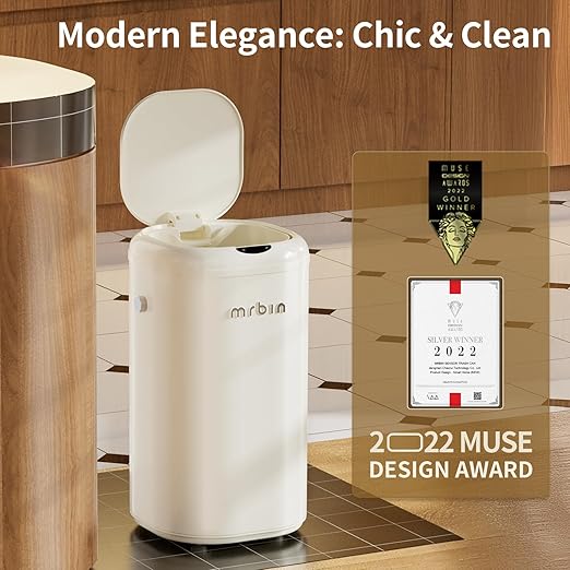 MRBIN Metal Automatic Tall Kitchen Trash Can with Lid, 18L / 4.8gal Slim Motion Sensor Waste Basket, Touchless Electric Garbage Bin for Office and Bathroom, Cream White