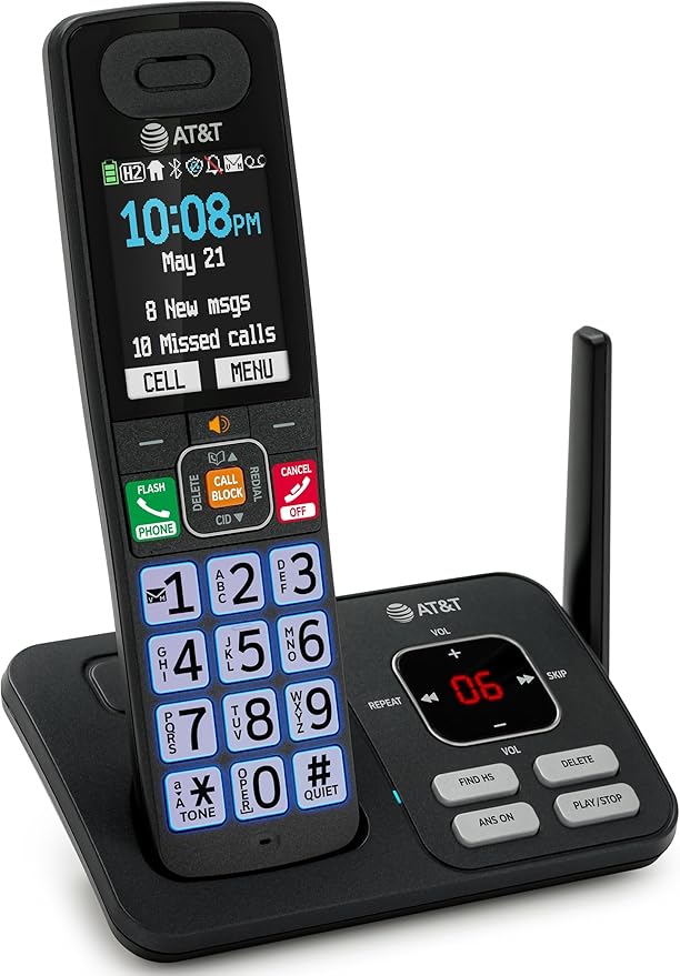 AT&T Cordless Phone, Landline Phones for Home with Smart Call Blocker, 1 Handsets Bluetooth Phone, Large Color Display, Big Buttons, Long Range, Digital Answering System: BL108 (Charcoal & Silver)