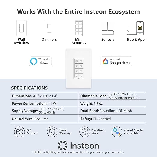 INSTEON 2334-222 Keypad Dimmer Switch (Dual-Band), 8-Button, White | Controls Up to 7 Devices, 150W LED, Dual-Band Smart Switch, Neutral Wire Required, Hub Required for Alexa & Google Assistant