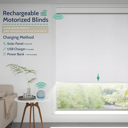 Motorized Blinds with Remote, Blackout Rechargeable Automatic Roller Shades, Cordless Smart Blinds Compatible with Alexa, Custom Blind for Indoor Windows, Photo Film Snow White