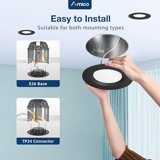 Amico 4 Pack 5/6 inch 5CCT LED Recessed Lighting, Dimmable, 12.5W=100W, 950LM, 2700K/3000K/4000K/5000K/6000K Selectable, Retrofit Can Lights with Baffle Trim, IC Rated - ETL & FCC, Black
