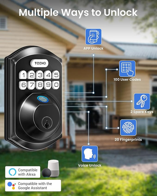 TEEHO TE012W-H WiFi Keypad Door Lock with Handle Set, Fingerprint Smart Locks, Front Door Keyless Entry, APP Remote & Voice Control, Digital Deadbolt with 2 Keys, Auto-Lock, Easy Install, Matte Black