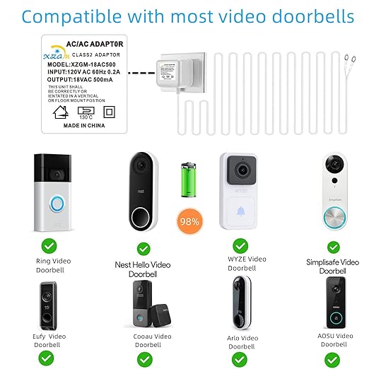 Video doorbell Special Power Transformer, 18V500MA Ring doorbell Power Adapter, Compatible with Ring, Nest, Eufy, Wyze, Arlo Wireless Video doorbell (with 315in Cable White)