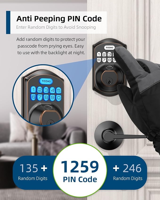 TEEHO TE002L Fingerprint Door Lock with 2 Lever Handles, Keyless Entry Deadbolt with Handle Set, Electronic Keypad Deadbolt for Front Door, Auto Lock and 1 Touch Locking, Oil Rubbed Bronze
