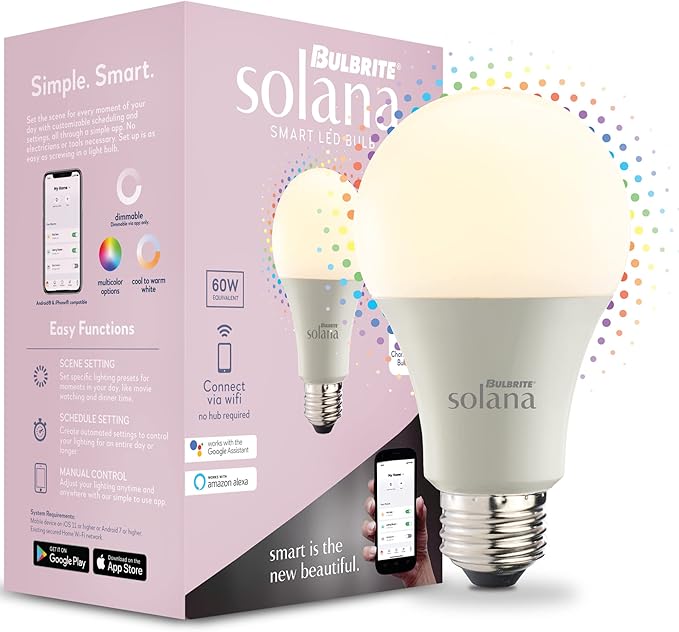 Bulbrite Solana WiFi LED Smart Bulb, 60 Watt Equivalent, A19 90 CRI Tunable White and Color Changing Dimmable Light Bulb, Compatible with Alexa and Google Home, 2 Pack