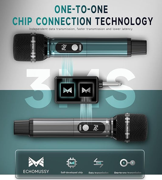 Wireless Microphones, Professional Dual Wireless Microphone with 240 ft Effective Range, 3ms Transmission Rate, Studio Grade Sound Pick Up Mic Head, Metal Body, Microphone for Singing, Speech
