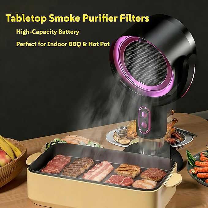 Portable Smoke Away Purifier Fan for Cooking, Tabletop Smoke Catcher with Dual Filters, Adjustable Angle USB Smoke Fan for Indoor BBQ Hot Pot Kitchen(Purple)