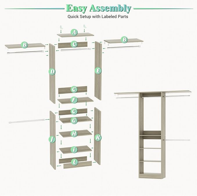 Besiost 4FT Small Closet Organizer System with 4 Hanging Rods & 3 Shelves | 48" Closet System for Small Closets, 80" H Small Closet Organizers and Storage for Bedrooms, Cloakrooms, White Oak