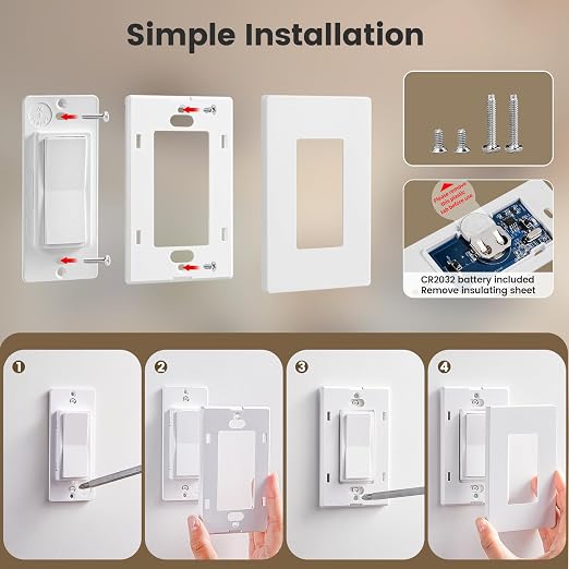 SURAIELEC Wireless Light Switch Receiver Kit, No Neutral Wire for Old Homes | Upgraded Antenna for Metal Box Signal Boost, 100FT Interference-Free Range, 2A 100W LED Decorator Rocker Remote Wall Switch