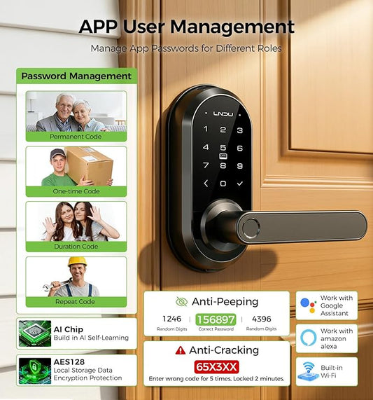 Smart Lock Keypad Door Lock with Handle, WiFi Keyless Entry Door Lock with Handle,Door Keypad Locks with Alexa & Google Assistant,Voice Control & APP Remote,Fingerprint,Key Fob,PIN Unlock,Auto Locking