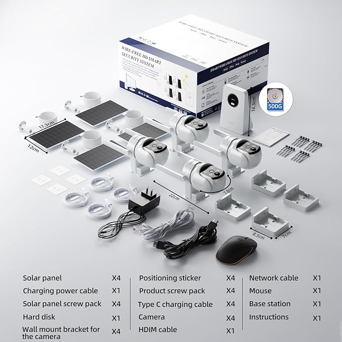 Solar Security Cameras Wireless Outdoor, 4MP Solar Powered Home Security Cameras System, 4 Cam kit, Color Night Vision, 360° PTZ, 500G HDD Local Recording, No Monthly Fees