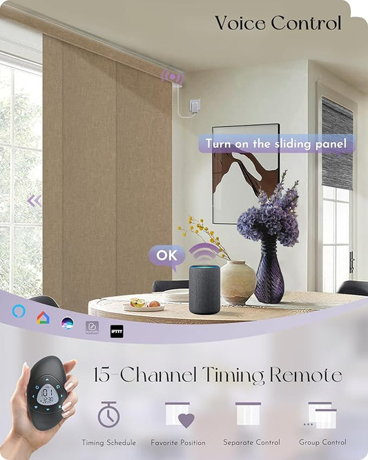Graywind Motorized Sliding Panels Blackout Compatible with Alexa Google Smart Panel Track Blinds Remote Shades for Patio Sliding Door, Custom Size (Coffee)