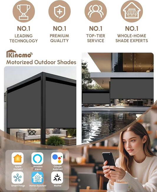 Kincmo Motorized Outdoor Shades for Patio Porch, Custom Outdoor Motorized Blinds with Remote, Waterproof & Windproof Patio Shades Work with Apple Home,Alexa,Google (0% Openness Dark Grey)