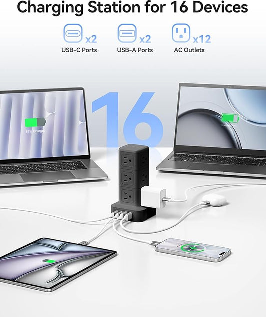 ORICO Tower Power Strip with Surge Protection, Charging Station Tower with 12 AC Outlets 4 USB Ports (2 USB C), Space Saving Design, 5FT Tower Extension Cord for Home, Office, Dorm - TPP20