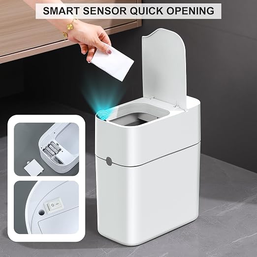 MOPUP Bathroom Trash Can, Automatic Bagging Garbage Can, 3.5 Gallon Slim Smart Small Plastic Trash Bin, Narrow Motion Sensor Trash Can for Bedroom, Office White