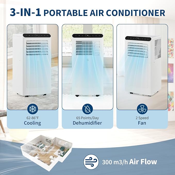 GarveeLife Portable Air Conditioners, 10,000 BTU for Rooms up to 450 Sq.Ft., Smart Compact AC Unit with Cooling, Dehumidifier, Fan, Remote Control and Window Kit, White