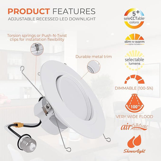 HALO RA 6 inch LED Recessed Light Trim with Adjustable Gimbal, Selectable Lumens and Selectable Color Temperature, Dim-to-Warm Feature, Damp Location Rated RA56LS9FSD2W1EWH