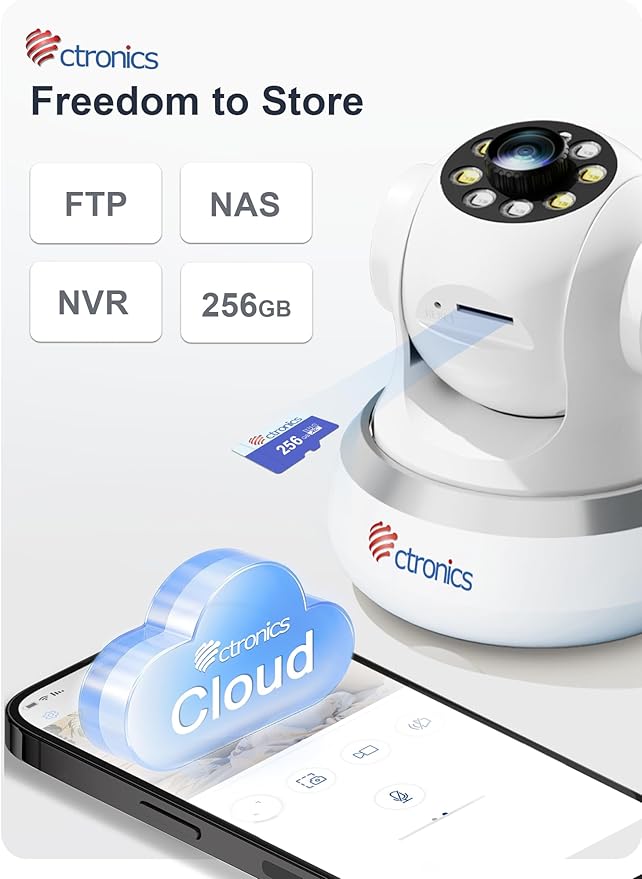 Ctronics 4K Security Camera Indoor, Dual-Band Wi-Fi, AI Human/Pet Detection with Auto Tracking, 20m Full-Color Night Vision, Sound & Light Alarm, 8 Preset Positions, App & PC
