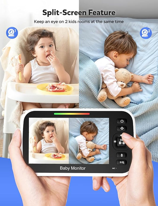 GoodBaby 5" Split Screen Baby Monitor with 2 Cameras and Audio, No WiFi Secure FHSS, 30-Hour Battery, Remote PTZ, Auto Night Vision, Room Temperature, Two-Way Audio,Lullabies,1000ft Range