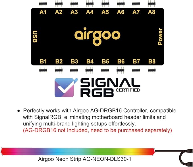 airgoo Addressable RGB PC LED Light Bar, AG-NEON-DLS30-1 Aluminum Alloy Shell Neon Strip, for 5V 3-pin argb Header or AG-DRGB16 SignalRGB Controller(Not Included), Come with Magnets, Easy to Install