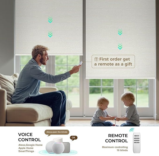 HeyBlinds Motorized Blinds with Remote, 100% Blackout Smart Blinds, Automatic Shades for Windows Compatible with Alexa Google and Homekit, Custom Size (Sun Kissed-Creme BO)