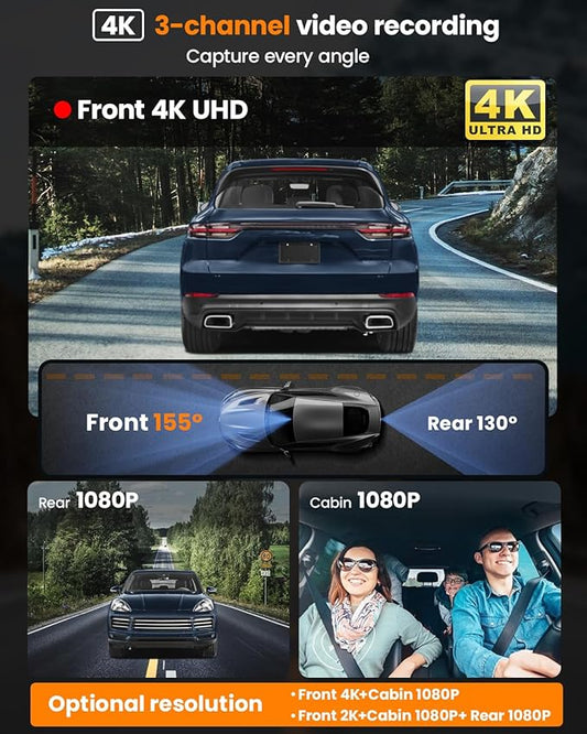 4K 3 Channel Dash Cam, 2160P+1080P+1080P Front and Rear Inside Car Camera with 64GB Card, WiFi Built-in GPS, 3“ IPS Screen, IR Night Vision, G Sensor, WDR(F3)