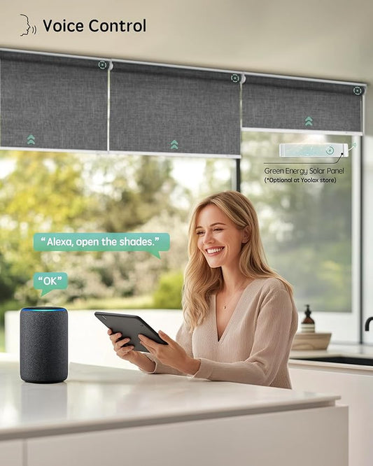 Yoolax Motorized Blinds with Remote, 100% Blackout Smart Roller Shades Work with Alexa, Google, Apple Homekit, Custom Automatic Shades with Voice Control for Bedroom Office (Fabric Dark Gray)