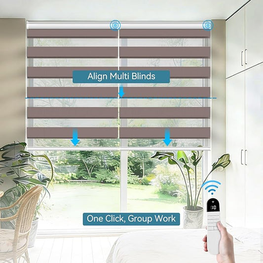 Interior Window Shades, Smart Dual Layer Light Filtering Blinds Compatible with Alexa & Google Home, Customized Size Cordless Electric Window Shades, (Brown, 70% Blackout)