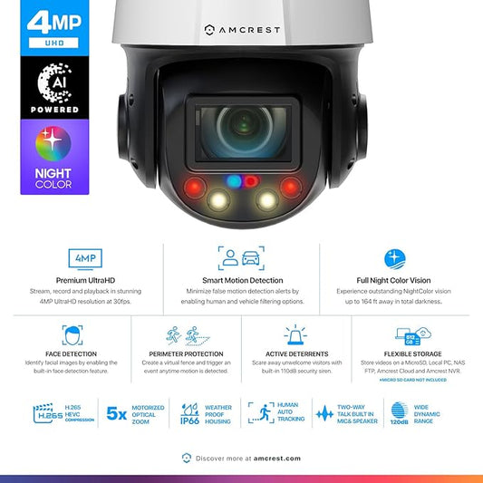 Amcrest 4MP Outdoor PTZ POE + AI IP Camera Pan Tilt Zoom (Optical 5X Motorized) Security Speed Dome, Human and Vehicle Detection, IVS, Face Detection, Auto Tracking, POE+ (802.3at) IP4M-1098EW-AI