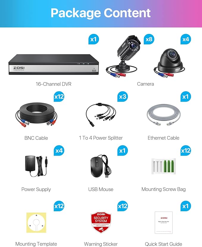 ZOSI 16CH 1080P Surveillance Cameras System 16 channel security video DVR and (8) Bullet Cameras (4) Dome Cameras with 2TB Hard Drive for Outdoor Indoor Security support motion detection remote access