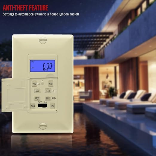 Enerlites 7 Days Digital in-Wall Programmable Timer Switch for Lights, Fans, and Motors, Single Pole, Neutral Wire Required, 7-Day 18 ON/Off Timer Settings, with Blue Backlight, HET01, Ivory | UL Listed, Digital In-Wall Switch Timer with 18 ON/OFF Sett...