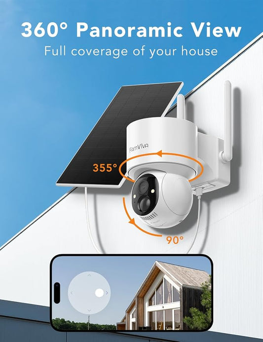 2K Solar Security Cameras Wireless Outdoor, 360°PTZ Battery Powered Cameras for Home Security, 2.4G WiFi Outdoor Camera with Color Night Vision, IP66 Waterproof, Motion Sensor Alarm, White-4P
