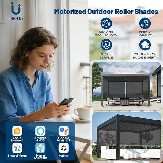 Motorized Outdoor Shades, Custom Patio Roller Blinds with Remote, Smart Exterior Sun Shades Compatible with Alexa, HomeKit, Google Home (5% Openness Black)