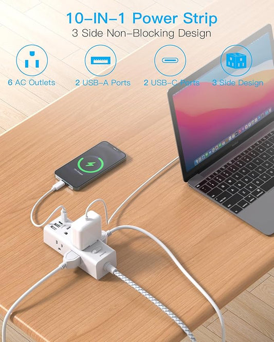 One Beat Surge Protector Power Strip, 5 Ft Flat Plug Extension Cord, 900J | 6 Outlets 4 USB Ports(2 USB C), Wall Mount Outlet Extender Small Power Strip for Travel Home Office College Dorm Room Station