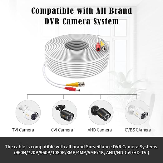 1 Pack 150ft White BNC Video Power Cable Security Camera Cable Wire Cord for CCTV DVR Surveillance System with Connectors (BNC Female and BNC to RCA) (White, 150FT)