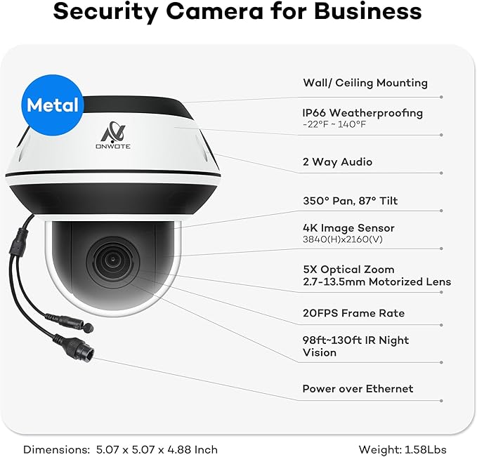 ONWOTE PTZ PoE IP Security Camera, 350° Pan 87° Tilt 5X Optical Zoom 4K 8MP, 2 Way Audio, 2.7-13.5mm Motorized Lens, AI Human Vehicle Detection, 60ft-100ft IR, Outdoor Dome with Audio