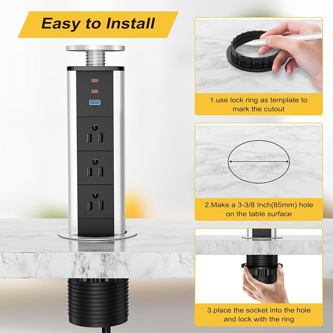 Pop Up Outlet for Countertop, Pop Up Socket with 3 AC Outlets and 2 PD 20W USB-C & 1 USB-A Ports, Pull Pop Up Power Outlet for Kitchen Conference Office, 3-3/8 Inch(85MM) Hole Grommet Power Strip