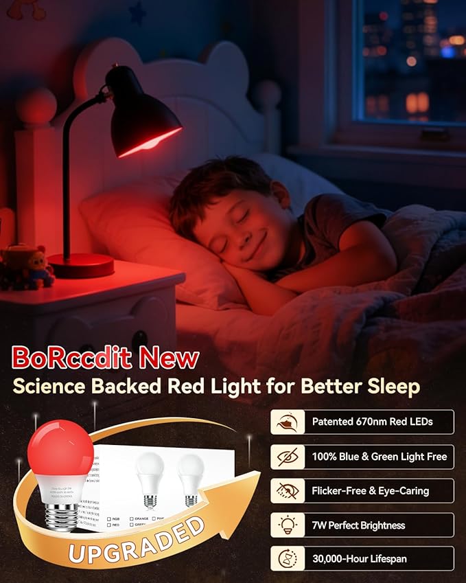 BoRccdit 7W 670nm Red Light Bulbs for Sleep, A15 Lab-Certified Deep Red Light Bulb 100% Blue Light Blocking, White Shell Glows Pure Red, E26 Red LED Night Light for Bedroom Baby Nursery Reading 4-Pack